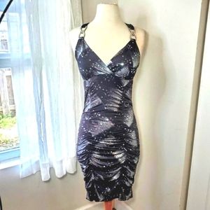 Dress Taboo Women Low Neckline Crossed Cutout Back Silver Sparkle Black Dresses